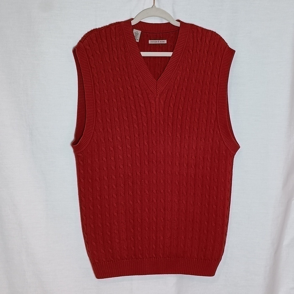 Cutter & Buck Men's V Neck Cable Knit Sweater Vest 100% Pima Cotton EUC LG